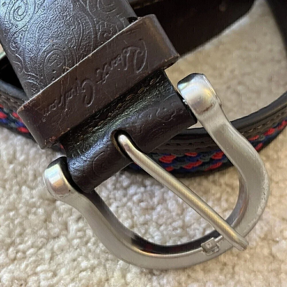 Robert Graham Men Belt 38 Braided Woven Red Blue Grey Tooled Brown Leather Golf